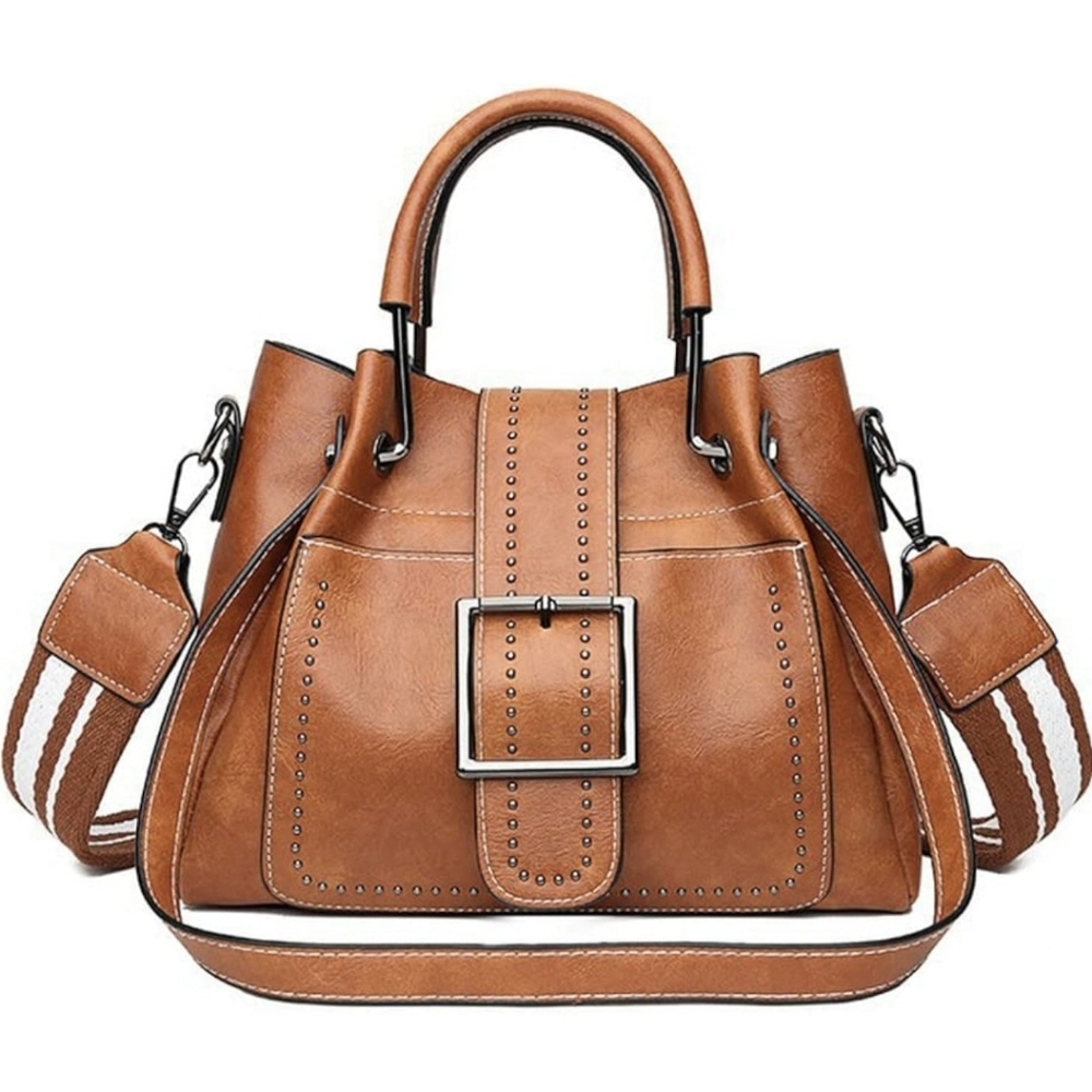Brown Tan Leather Satchel with Silver Buckle
